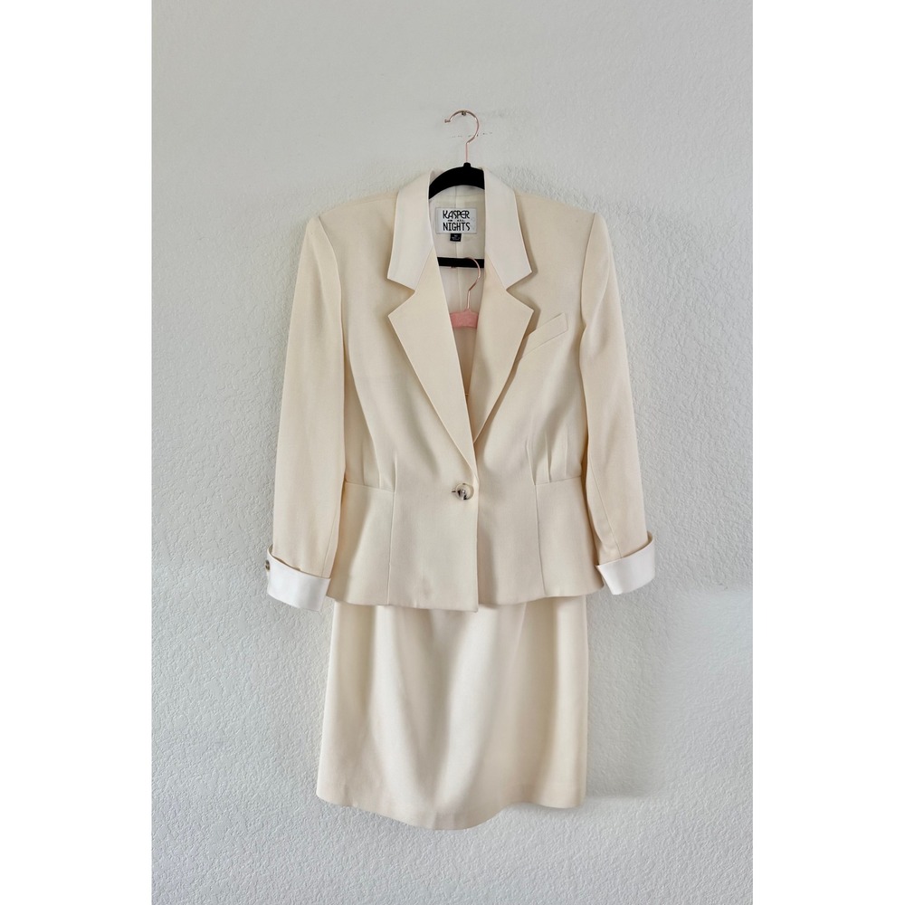 Kasper for ASL Skirt Suit Women 10 Ivory Vintage 90s Peplum Blazer Pencil‎ Skirt